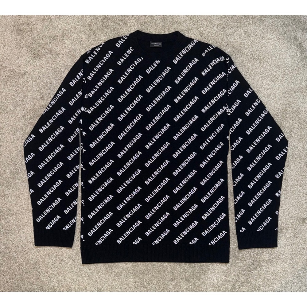 Balenciaga All Over Logo Reflective Wool Knit Sweater Fits Size L